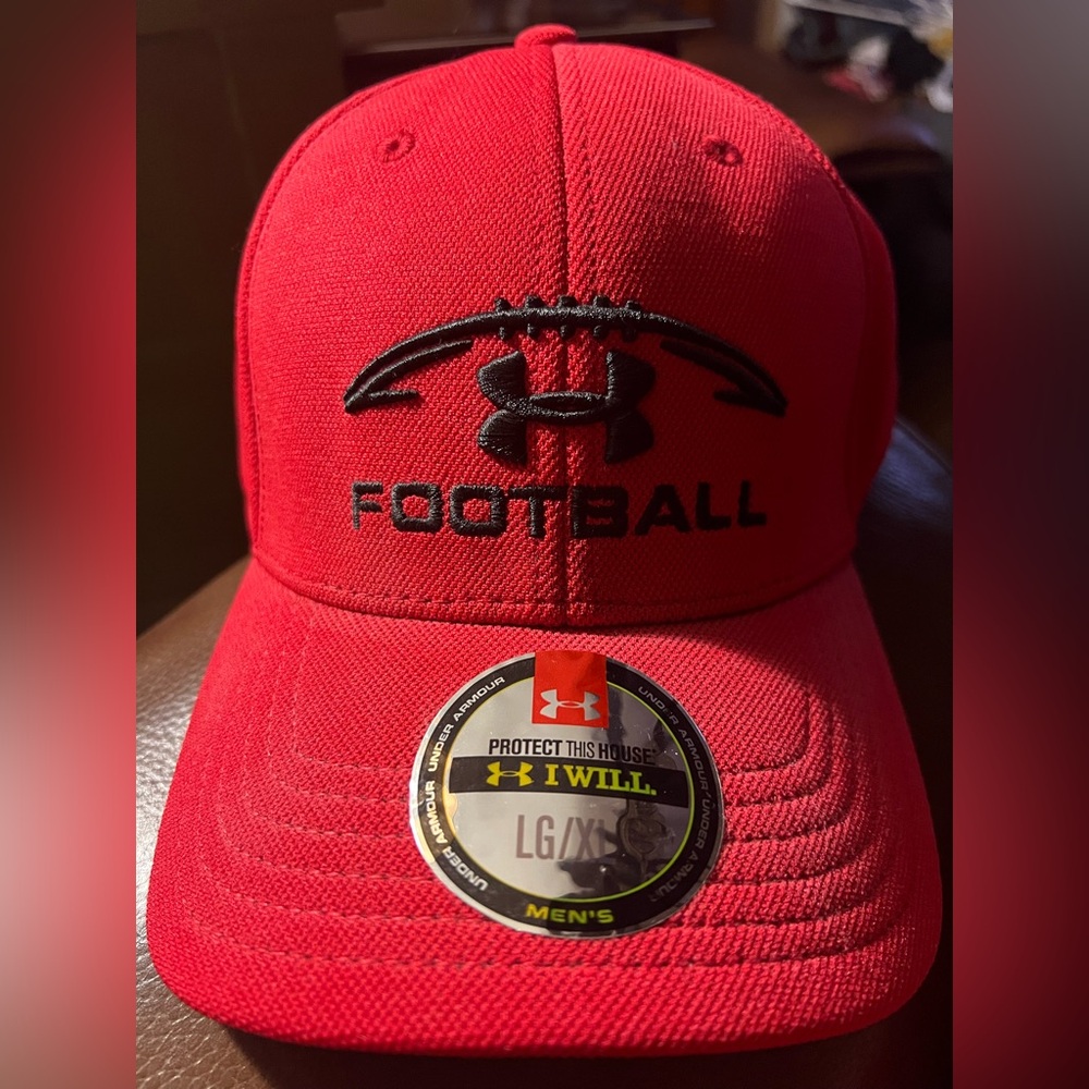 Under Armour Football Cap Red With Bold Logo. L/XL